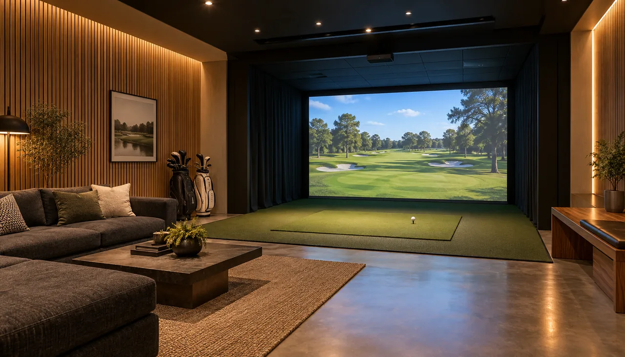 Illustration of an indoor golf simulator lounge