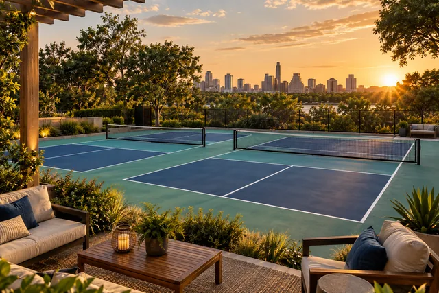 Illustration of empty pickleball courts at golden hour