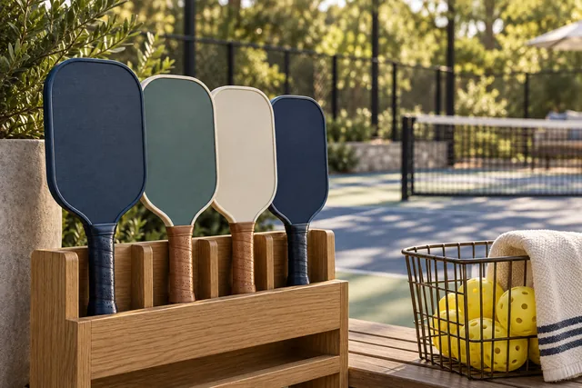 Illustration of unbranded pickleball paddles and balls