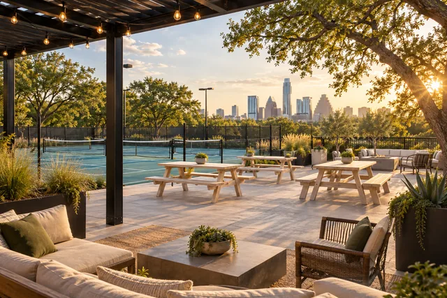 Illustration of a social terrace beside pickleball courts