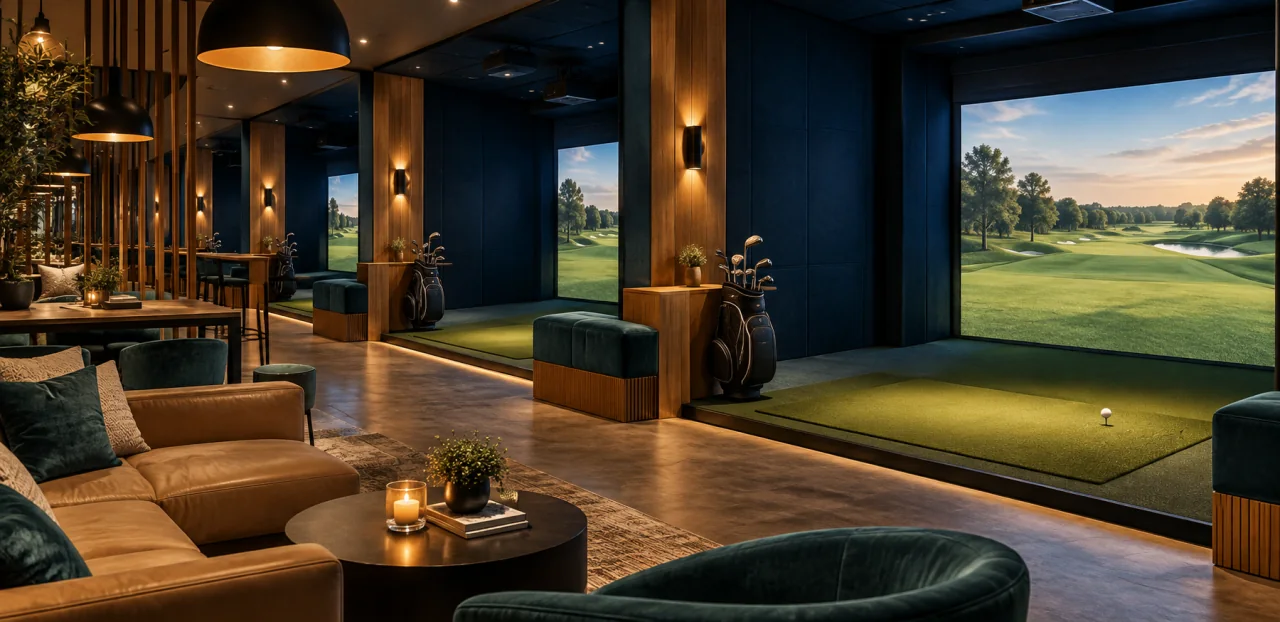 Illustration of an indoor golf simulator lounge
