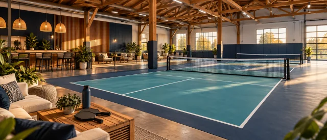 Illustration of empty pickleball courts at golden hour
