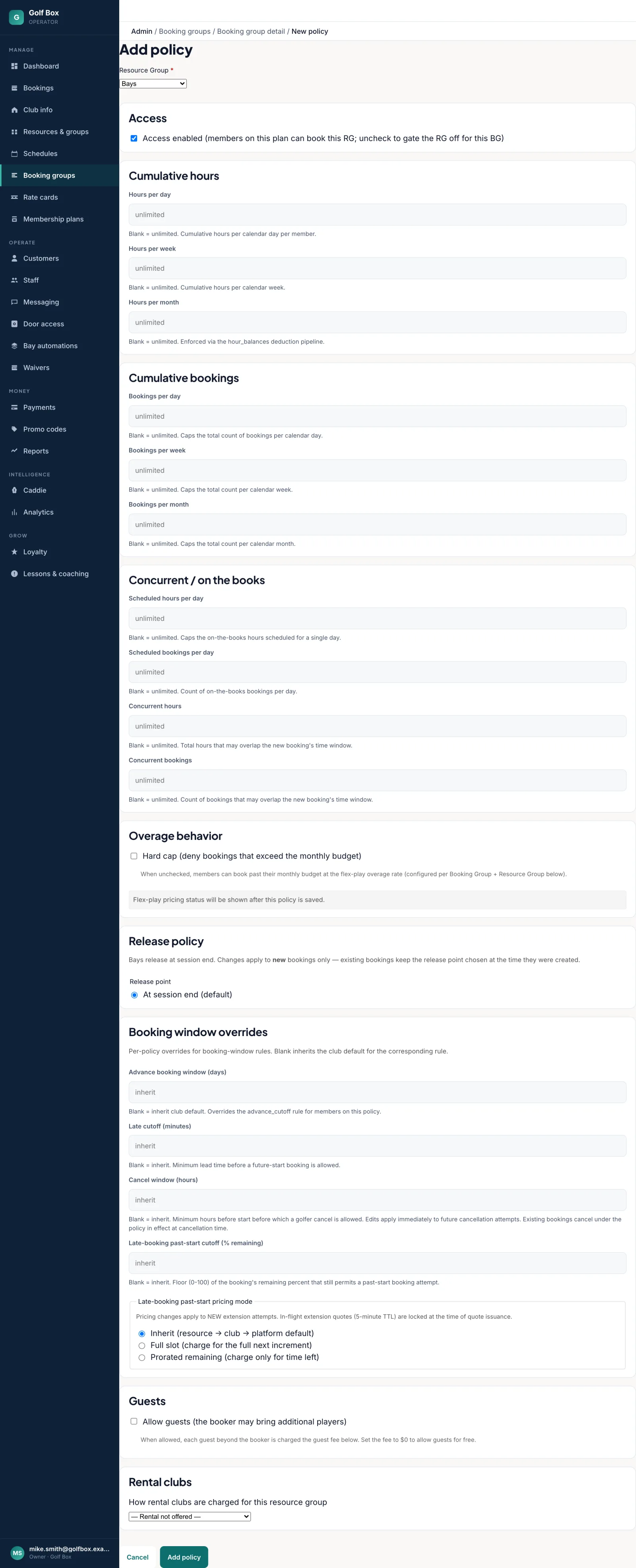 SnagATime operator portal showing membership booking policy settings with sample data
