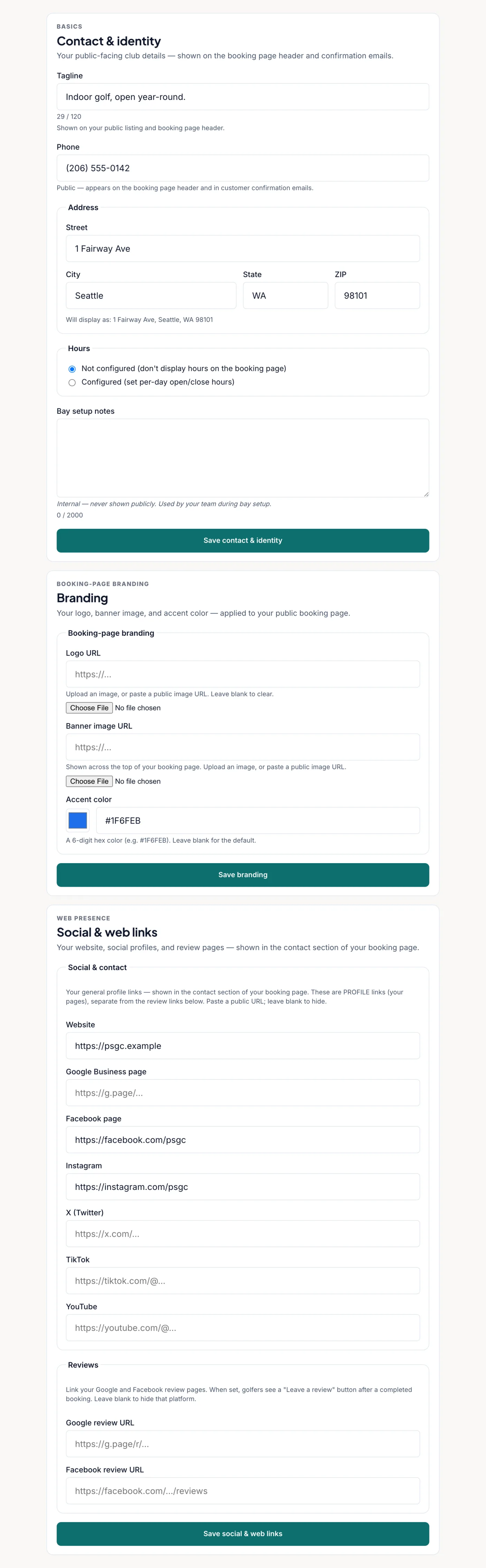 SnagATime club information settings shown with sample data